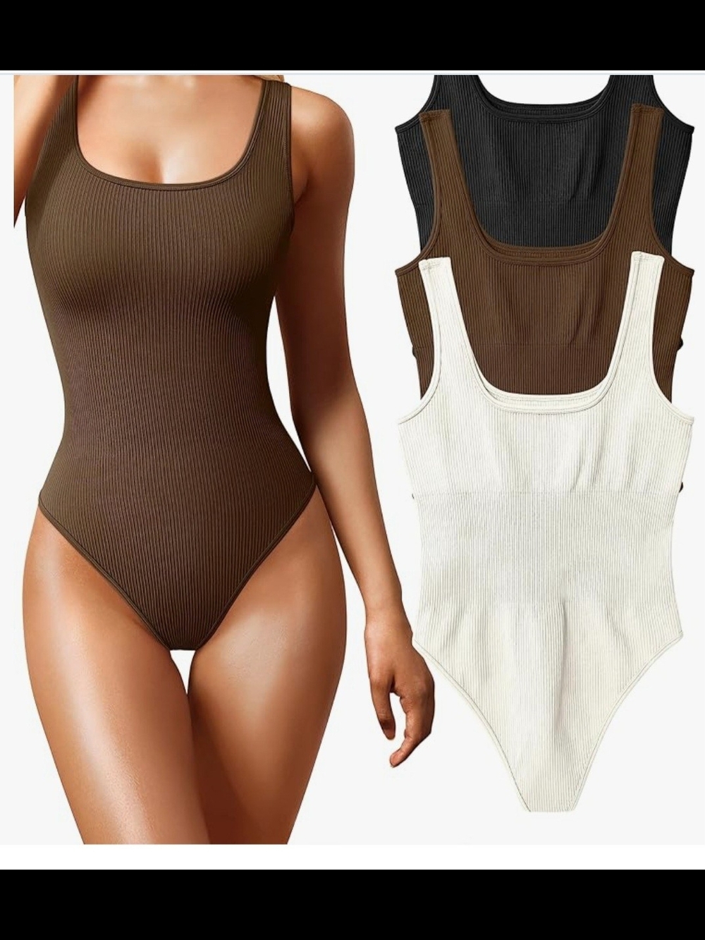 NWOT OQQ Ribbed Scoop Neck Bodysuit Tank Set- Brown,Black,Cream. Sz Small
